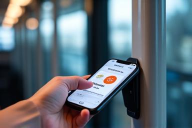 Hand holding a smartphone over a contactless payment reader on a bus